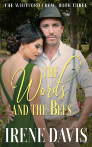 cover of The Words and the Bees, showing a white woman in an open backed green dress leaning against the shoulder of a white man wearing fedora and white button-down shirt with suspenders. He has his hand protectively around her waist and looks directly out at the viewer