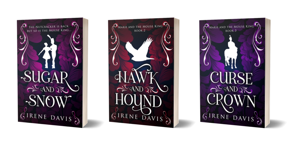 All three books of the Marie and the Mouse King trilogy, standing up and slightly spaced out