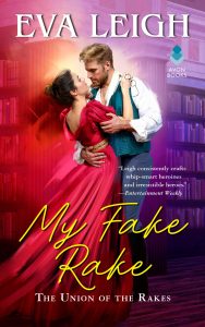 cover of My Fake Rake, showing a blond white man embracing a dark haired white woman in a red dress. she holds his glasses in one hand against his shoulder. behind them are library book stacks.