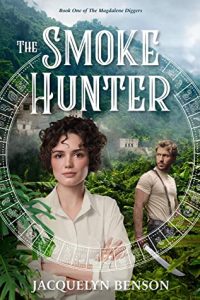 cover of The Smoke Hunter: a white woman with updo and white button shirt stands in foreground of misty jungle scene, behind her is a white man in white tee shirt and suspenders, carrying a machete